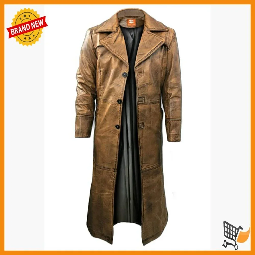 Men's Distressed Leather Trench Coat, Vintage Style, Below Knee Length